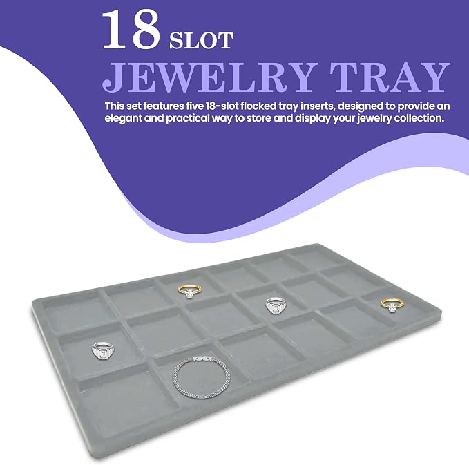 Novel Box 5 Pack 18-Slot Gray Liner Jewelry Storage Tray Inserts 14.75x8.25x1 - Image 3