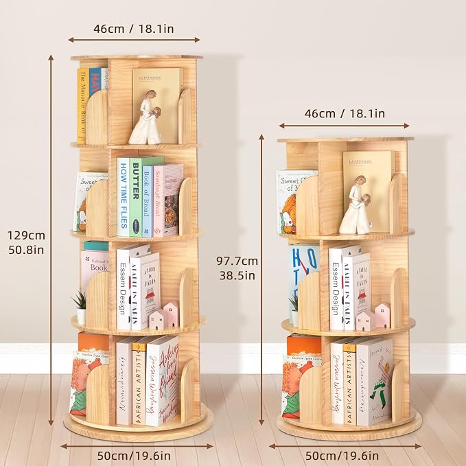 OOOK 4-Tier Solid Wood Rotating Bookshelf, Spinning Bookshelf - Image 3