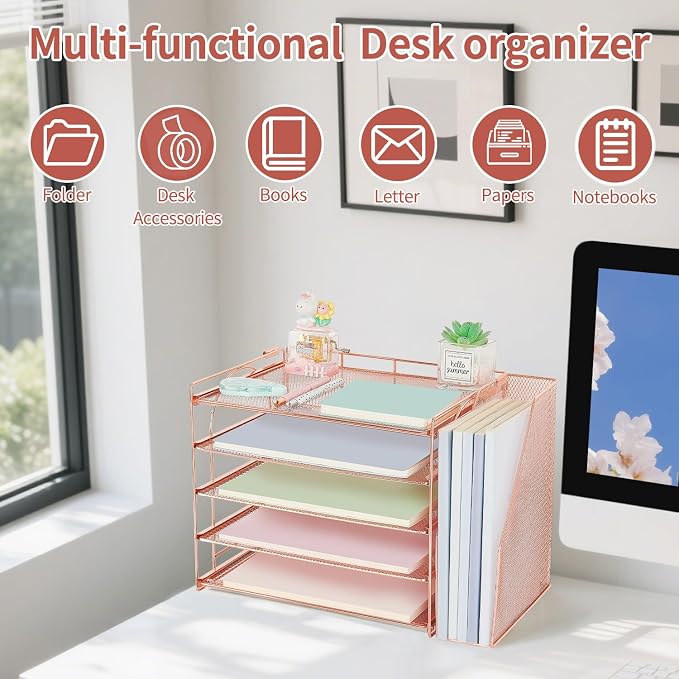 AUPSEN Rose Gold Desk Accessories Organizer, 5-Tier Desktop Paper File Organizer - Image 4