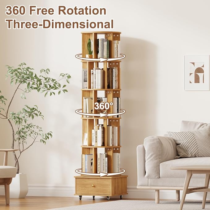5-Tier Rotating Bookshelf with Drawers on Wheels, 360° Spinning Corner Bookcase - Image 7