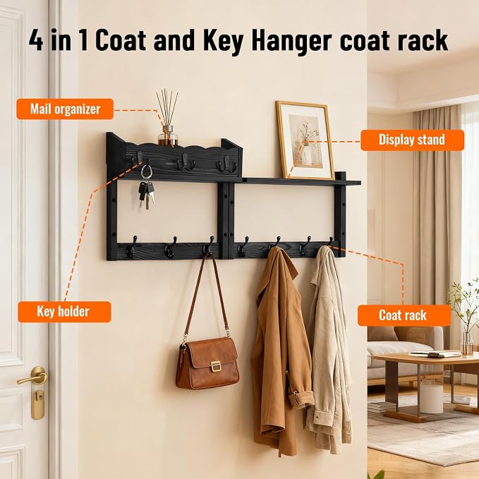28" Coat Rack Wall Mount with Shelf with 7 Hooks 3 Key Hanger | Entryway Key - Image 3