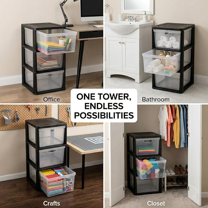 3 Drawer Plastic Storage Tower Organizer, Wide Black Cart - Image 9