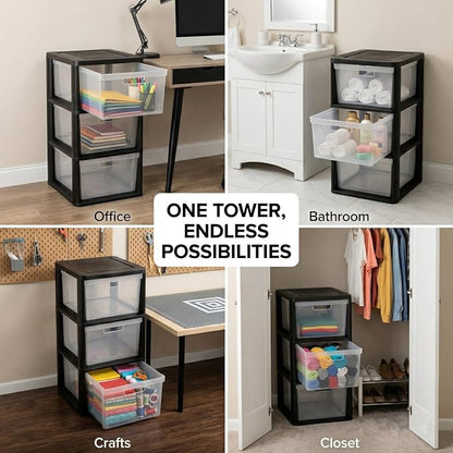 3 Drawer Plastic Storage Tower Organizer, Wide Black Cart - Image 9