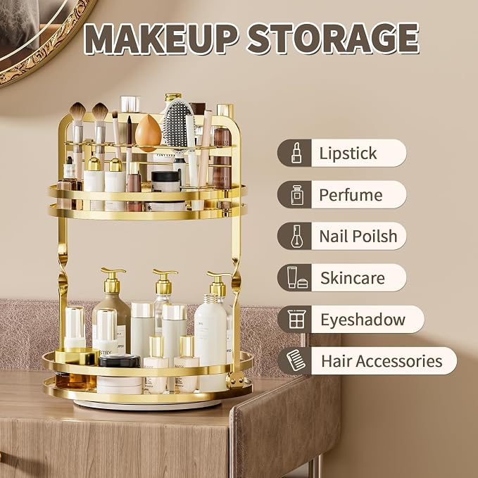 360° Rotating Makeup Organizer, 2-Tier Gold Perfume Organizer - Image 3