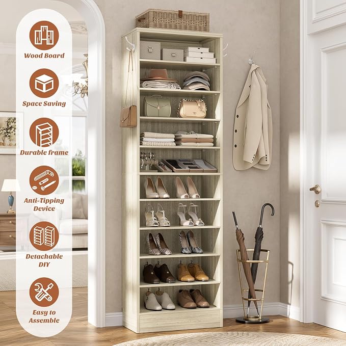 Aheaplus Tall Shoe Cabinet, 10 Tiers Narrow Wood Shoe Rack, Shoe Storage - Image 3