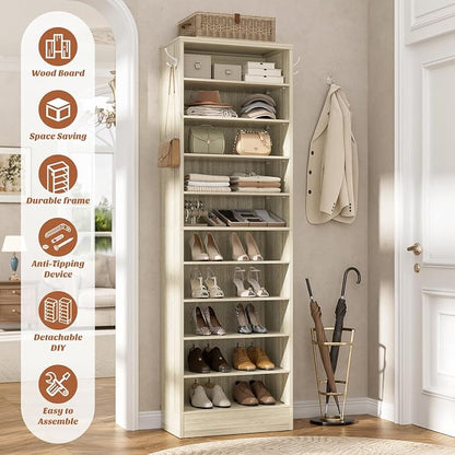 Aheaplus Tall Shoe Cabinet, 10 Tiers Narrow Wood Shoe Rack, Shoe Storage - Image 3