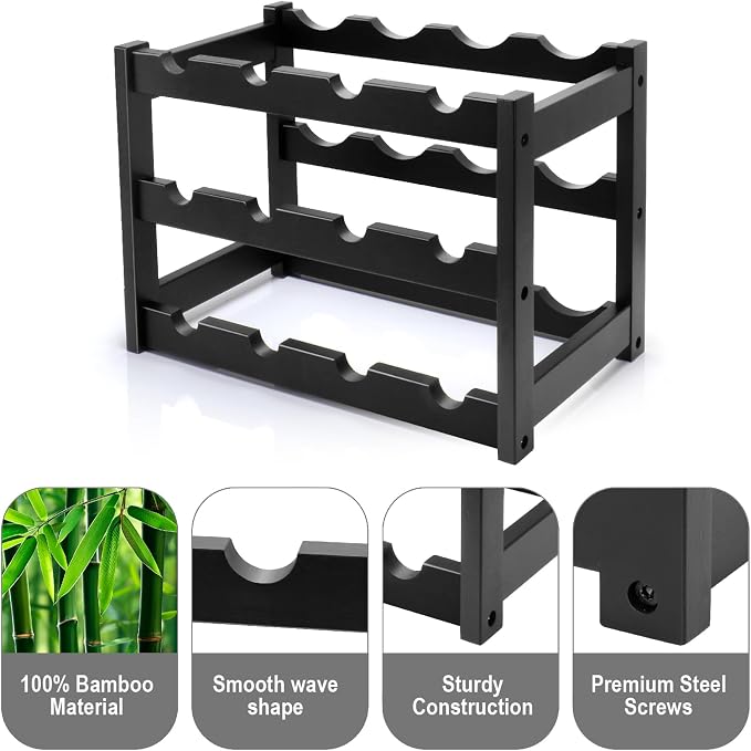 Bamboo Wine Rack, 3-Tier 12 Bottles Wine Storage Cabinet Shelf, Easy-Assembly - Image 6