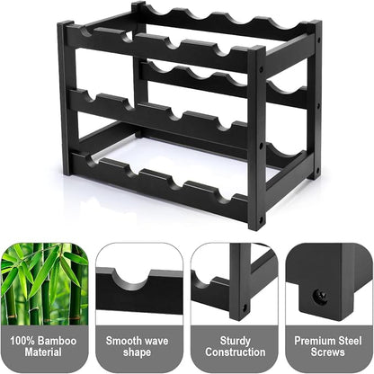 Bamboo Wine Rack, 3-Tier 12 Bottles Wine Storage Cabinet Shelf, Easy-Assembly - Image 6