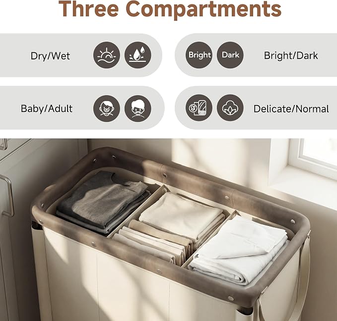 StorageWorks 2 Section Laundry Hamper, 120L Tan Sorter Cart - Image 4