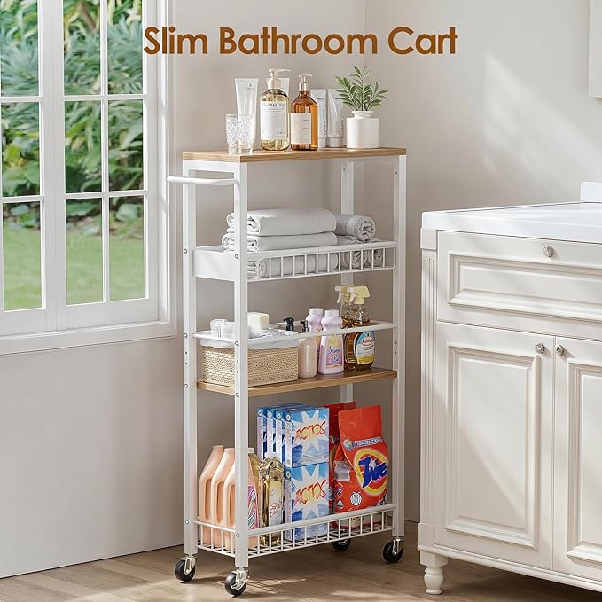 Slim Rolling Storage Cart, 4 Tier Narrow Storage Cart, 7.1in | Metal Kitchen - Image 6