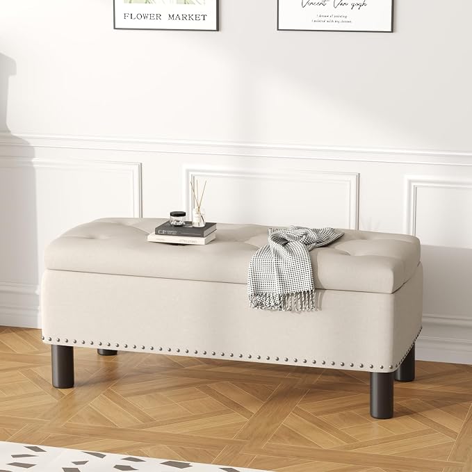 Furniliving Large Storage Ottoman, Wood Frame, Linen Fabric, 285 Lbs Capacity - Image 9