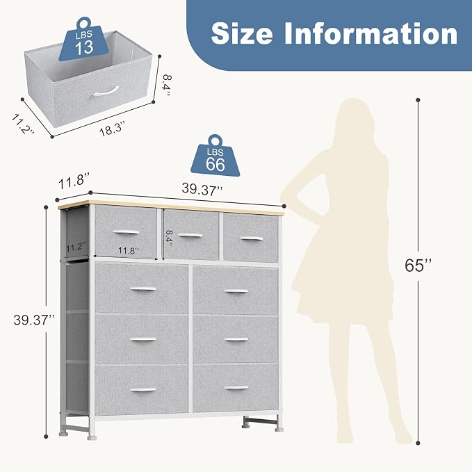 DUMOS 9 Drawer Dresser for Bedroom, Storage Organizer Chest of Drawers | Fabric - Image 3