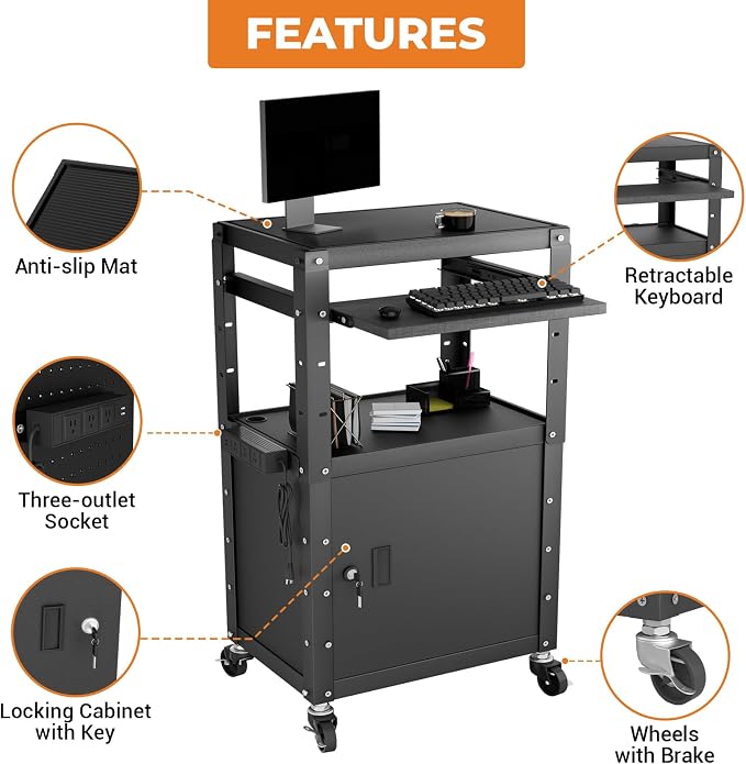 Mobile AV Cart with Cabinet, Rolling Computer Cart Height Adjustable Rolling - Image 5