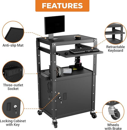 Mobile AV Cart with Cabinet, Rolling Computer Cart Height Adjustable Rolling - Image 4