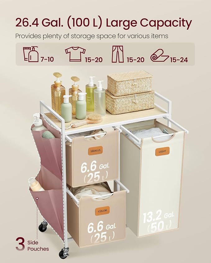 VASAGLE Laundry Hamper with 3 Compartments, 26.4 Gal. Laundry Sorter, Rolling - Image 3