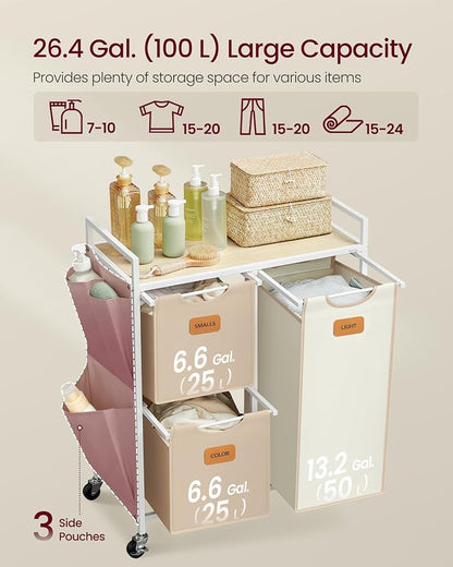 VASAGLE Laundry Hamper with 3 Compartments, 26.4 Gal. Laundry Sorter, Rolling - Image 3