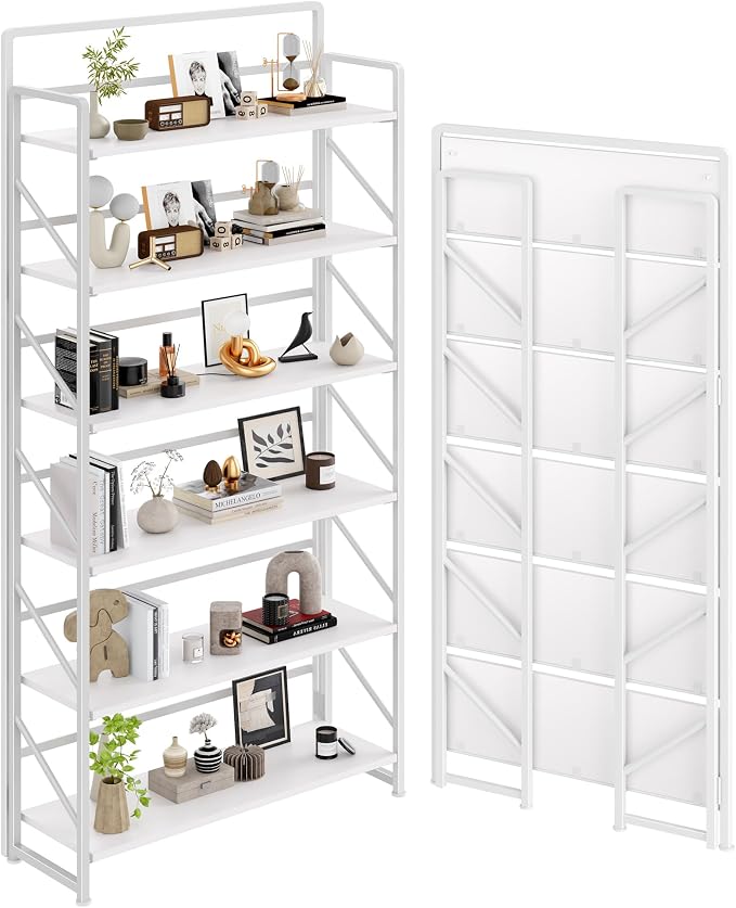 JSB 6 Tier No Assembly Folding Bookshelf, 30.3" Wide Foldable Storage Bookcase by HomeFurniture