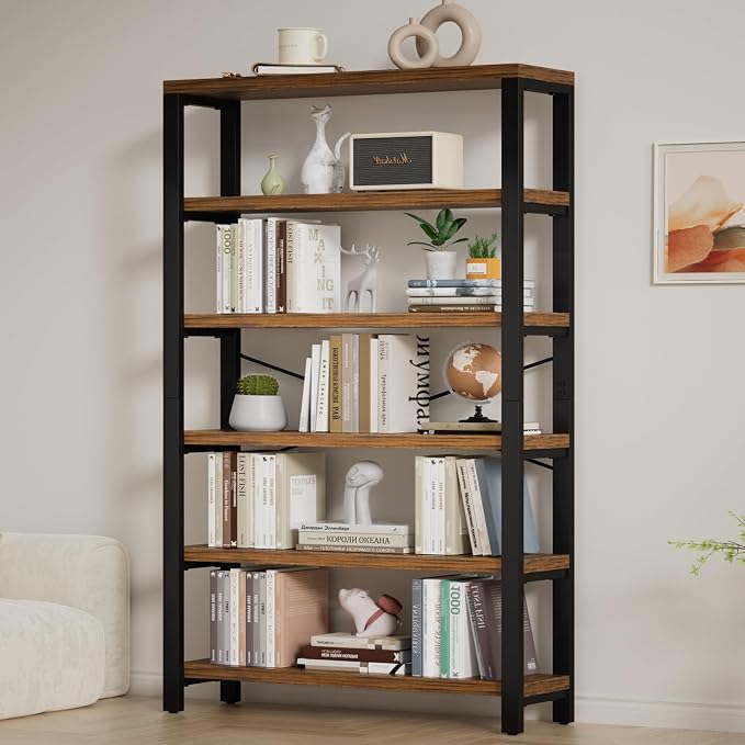 6-Tier 39.37" Wide Heavy Duty Bookshelf, Industrial Wood and Metal Bookshelf by WelcometoIABIFO