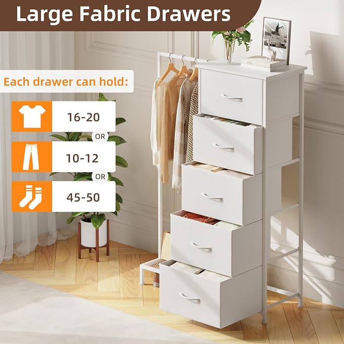 Somdot Dresser with Hanging Rack, 5 Drawers Small Closet - Image 5