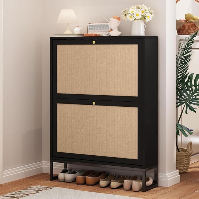 Rattan Shoe Cabinet with 2 Flip Drawers, Simple Setup Hidden Shoe Rack - Image 6