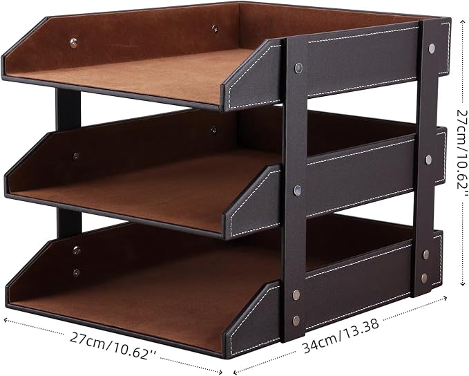 KINGFOM Letter Tray, Leather Paper Organizer Tray, Wooden Desk File Holder - Image 3