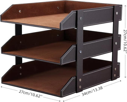 KINGFOM Letter Tray, Leather Paper Organizer Tray, Wooden Desk File Holder - Image 3