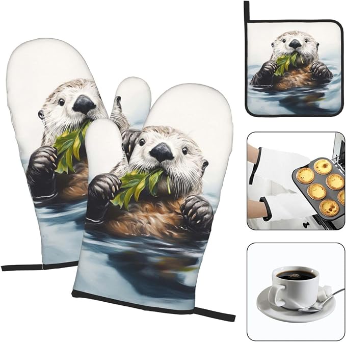 Oven Mitts and Pot Holders Sets of 3 Sea Otter Oven Mitts 3 Pcs Heat Resistant - Image 7