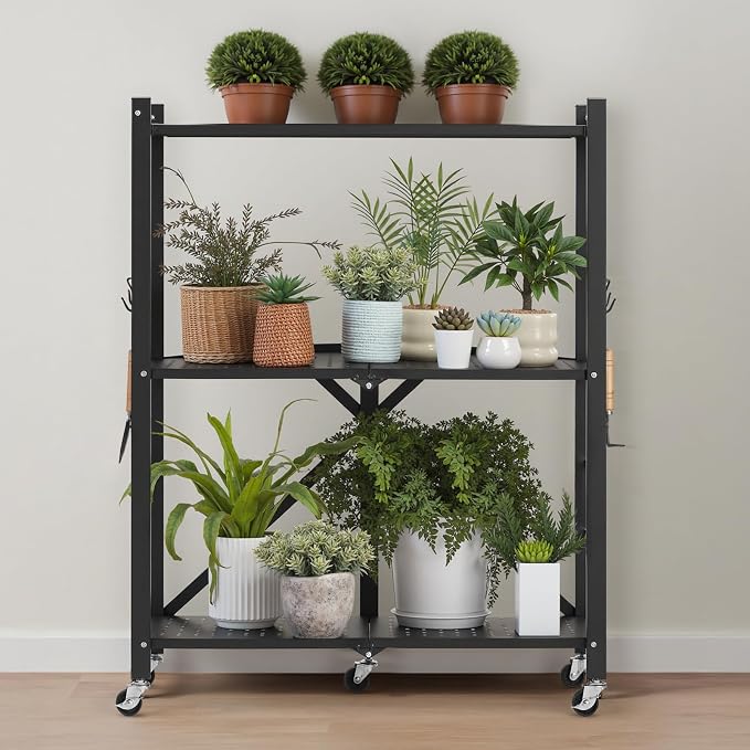 VEVOR 3-Tier Foldable Storage Shelf, 28W x 13D x 36H Inch Folding Metal Rack - Image 2