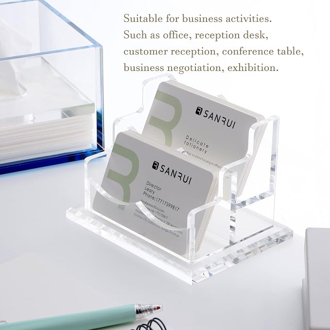 YUXUN Clear Acrylic 2-Tier Business Card Holder – 2-Slot Desk Organizer - Image 2