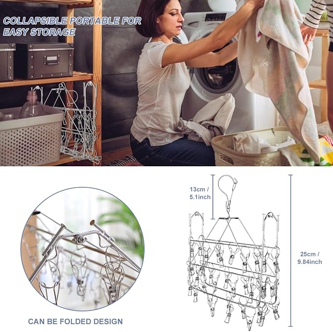 Fayleeko Drying Rack, 52 Clips Stainless Steel Laundry Drying Rack Folding Sock - Image 3