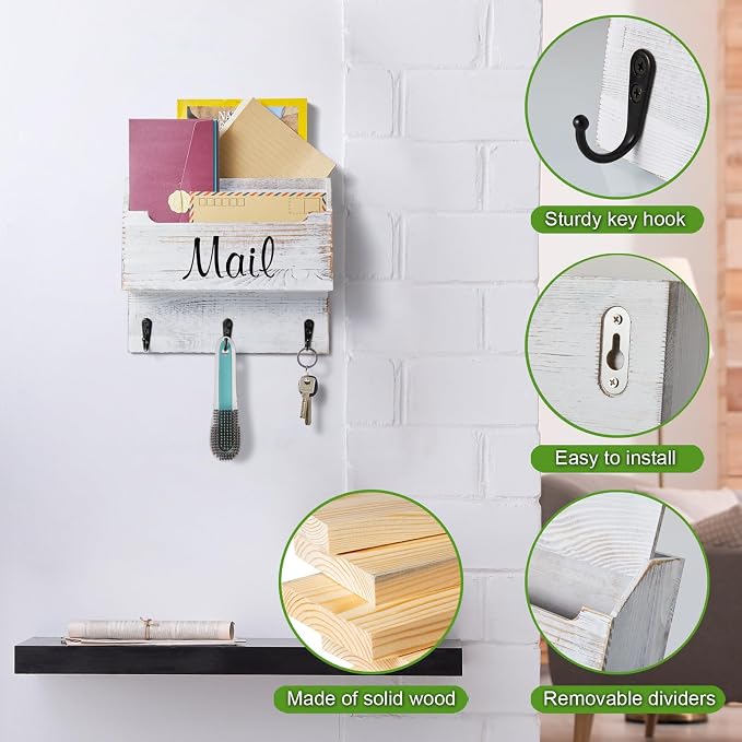 DRASTAR Mail Organizer Wall Mounted, Wooden Mail & Key Holder - Image 4