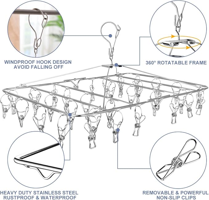 Fayleeko Drying Rack, 52 Clips Stainless Steel Laundry Drying Rack Folding Sock - Image 2
