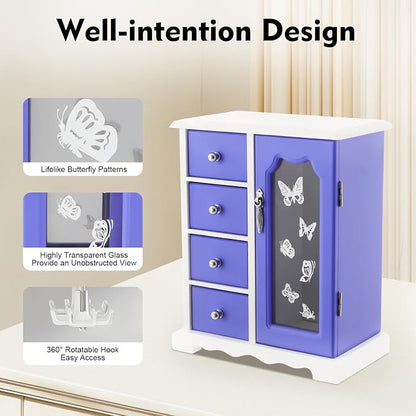 Purple Modern Jewelry Box with 4 Drawers, 360°Rotating Hook and Built-In Mirror - Image 4
