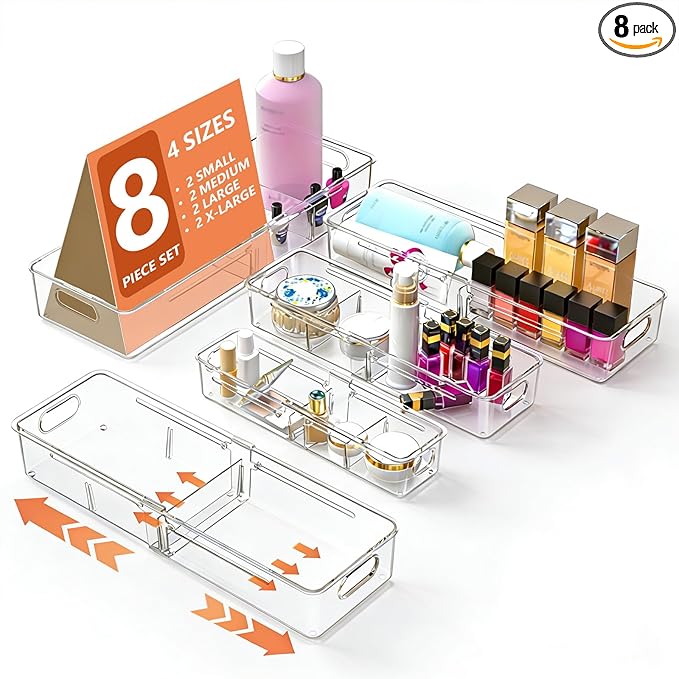REBECAT 8 Pcs Expandable Clear Drawer Organizers, Adjustable Drawer Organizer by REBECAT