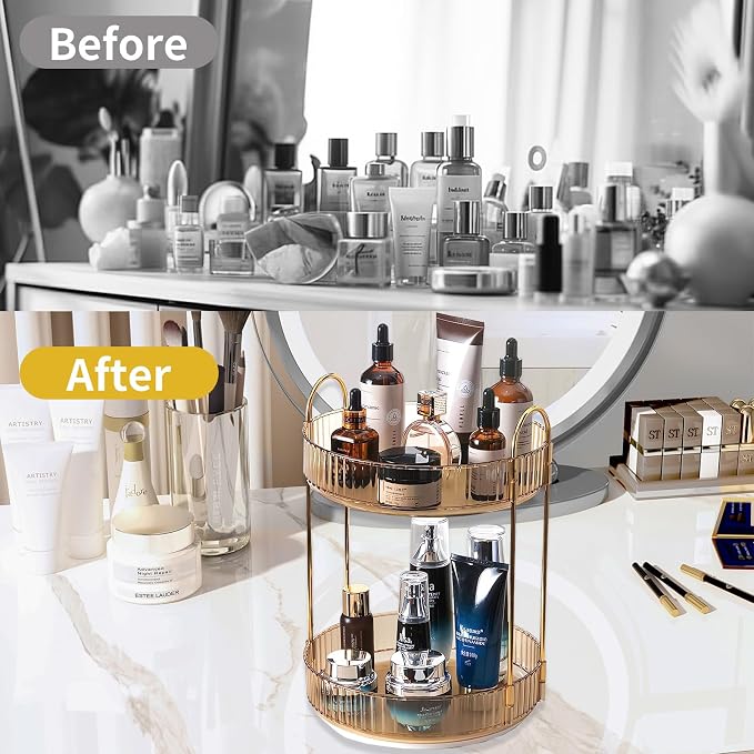 360 Rotating Gold Makeup Organizer, 2 Tier Large Capacity Rotating Makeup - Image 5