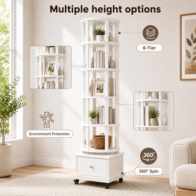 6 Tier Rotating Bookshelf with Drawer, 360° Round Spinning Bookshelf Tower with - Image 6
