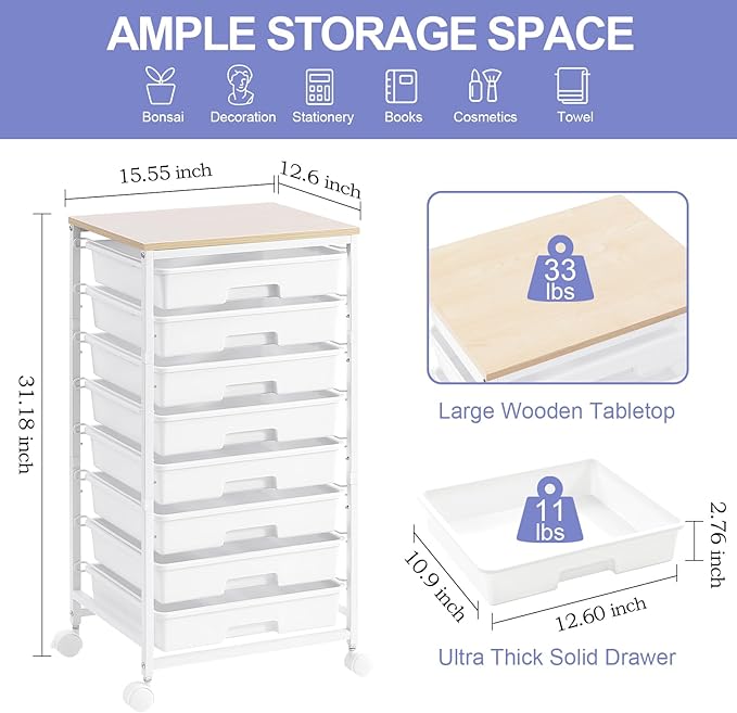 Rolling Storage Cart with Drawers, Utility Cart With 8 Drawers and Wooden - Image 5