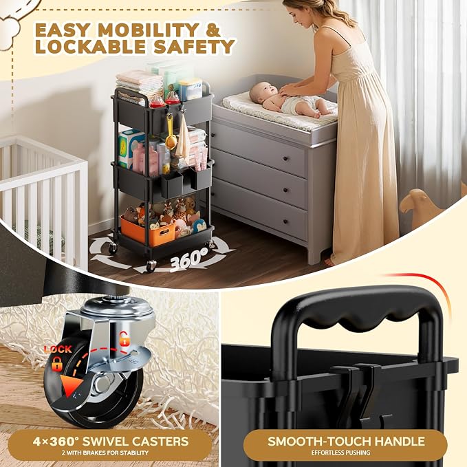 Goovilla Diaper Cart with Lockable Wheels and Easy Assembly, 3 Tier Black - Image 5