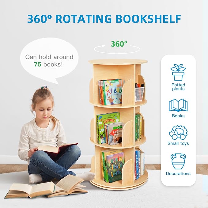 OOOK Kids Rotating Bookshelf, 3 Tier Corner Bookshelf - Image 5