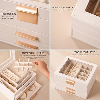 Jewelry Box Organizer with Glass Lid, 3-Layer Jewelry Storage, with 2 Drawers - Image 5
