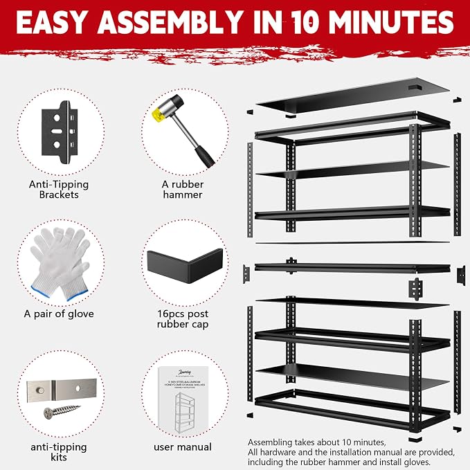 Heavy Duty Garage Shelving, 5-Tier Storage Rack 3000LBS Capacity 48" W x 72" H - Image 8