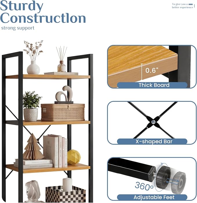 DUMOS 4 Tiers Open Bookshelf, Classic Freestanding Tall Display Shelf, Sturdy - Image 6