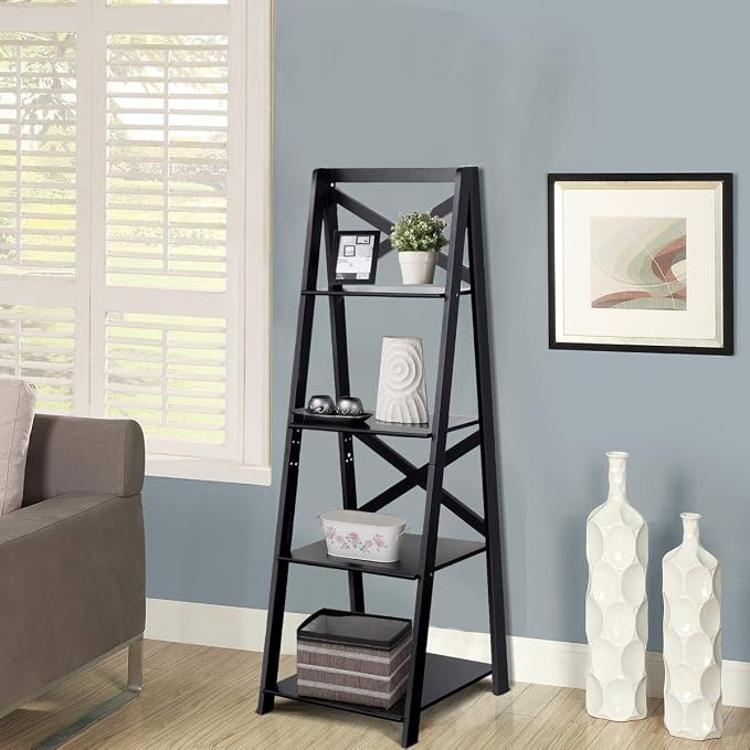 Tangkula 4-Tier Ladder Shelf Bookcase, Leaning Free Standing Wooden Frame Decor - Image 5