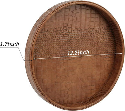 HofferRuffer Faux Leather Round Serving Tray, Vegan Croco Leather Decorative - Image 2