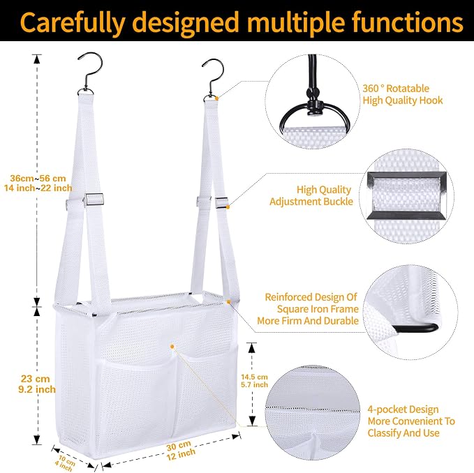 4 Storage Pockets Adjustable Hanging Mesh Bathroom Bag, Shower Caddy College - Image 3