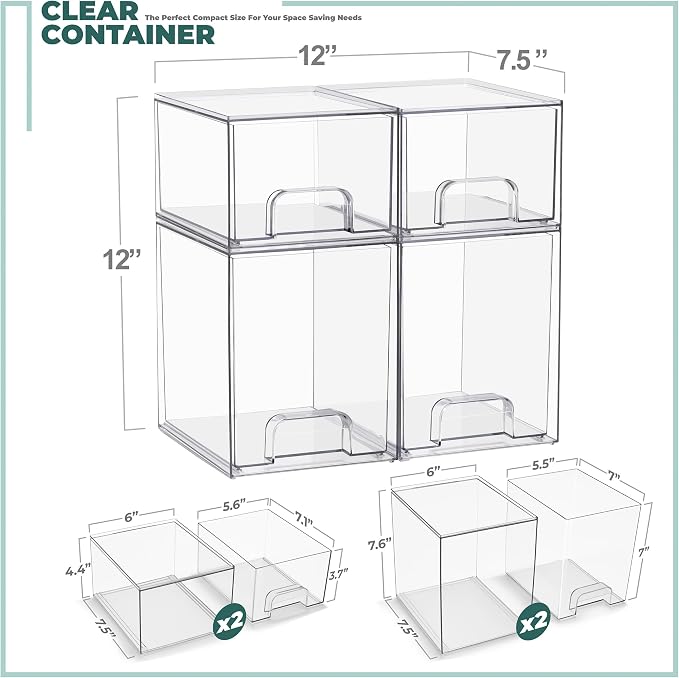 Sorbus Stackable Acrylic Storage Drawers, 4 Pack Clear Plastic Organizer Bins - Image 3