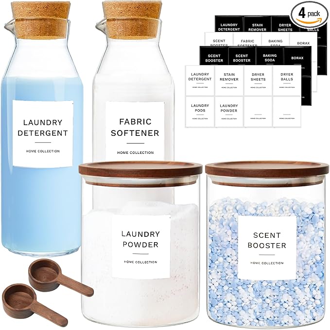 Glass Laundry Storage Containers Set, 4 Pack Liquid Detergent Dispenser by KSOKIMER