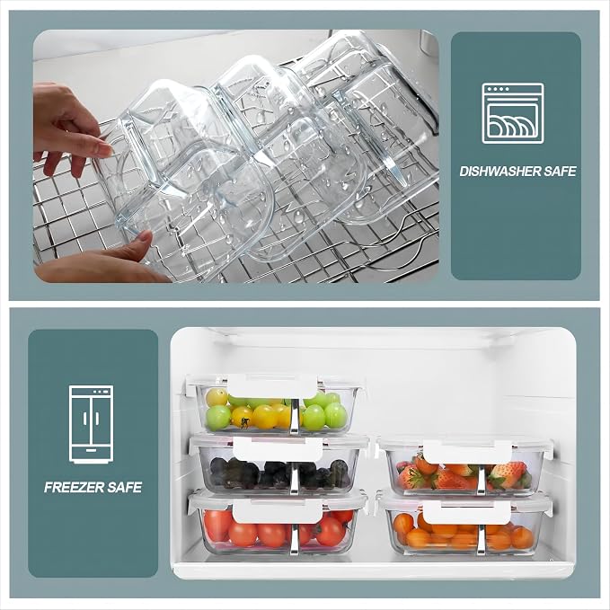 KOMUEE Glass Meal Prep Containers 3 Compartments, 5 Pack 36 oz, Glass Food - Image 2