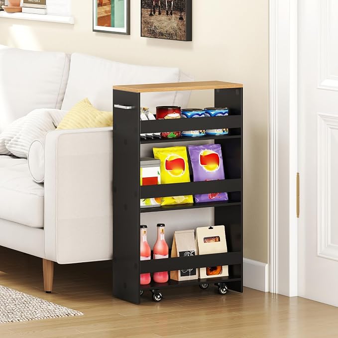 Small Kitchen Cart, 4-Tier Slim Rolling Island w/Handle, Laundry Room Storage - Image 3