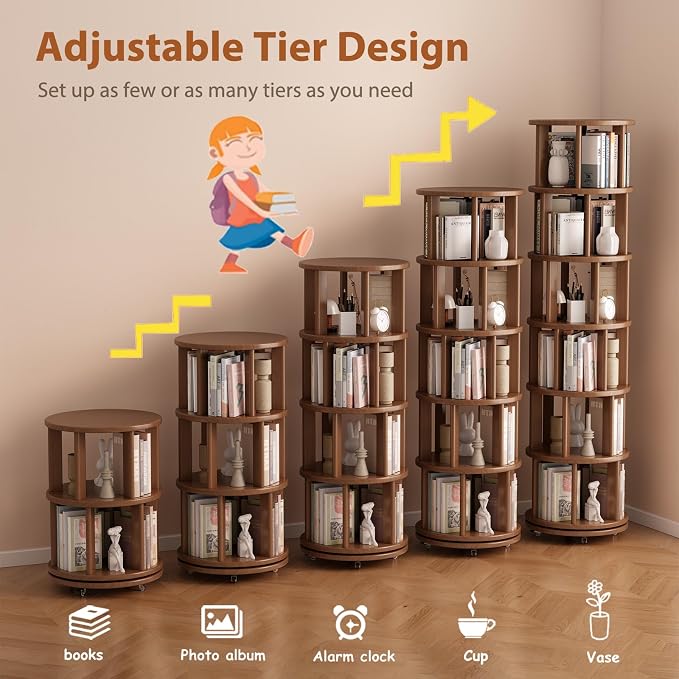 Solid Wood Rotating Bookshelf on Wheels, 6 Tier, Round Revolving Bookcase - Image 7